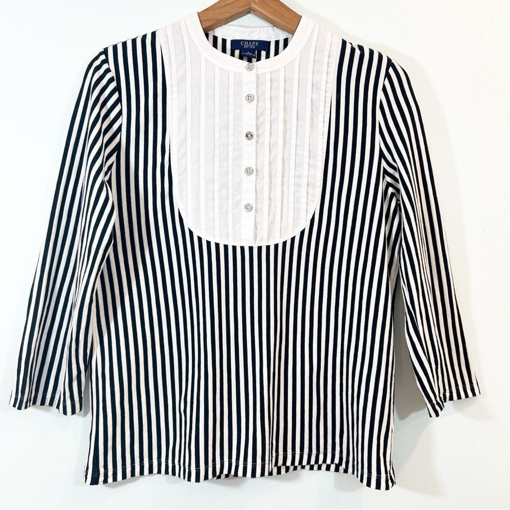 Chaps Navy Blue White Striped Buttoned Blouse Bib Collar Nautical Preppy Sz L